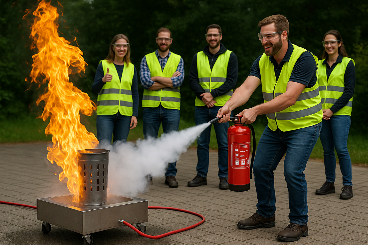 Brandschutzhelfer bei praktischer Löschübung mit Feuerlöscher – Schulung im Betrieb