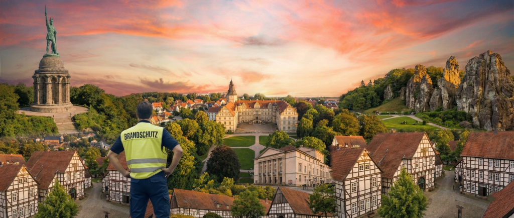 Brandschutzbeauftragter mit Warnweste vor Fachwerkhäusern und historischer Altstadt Detmolds.