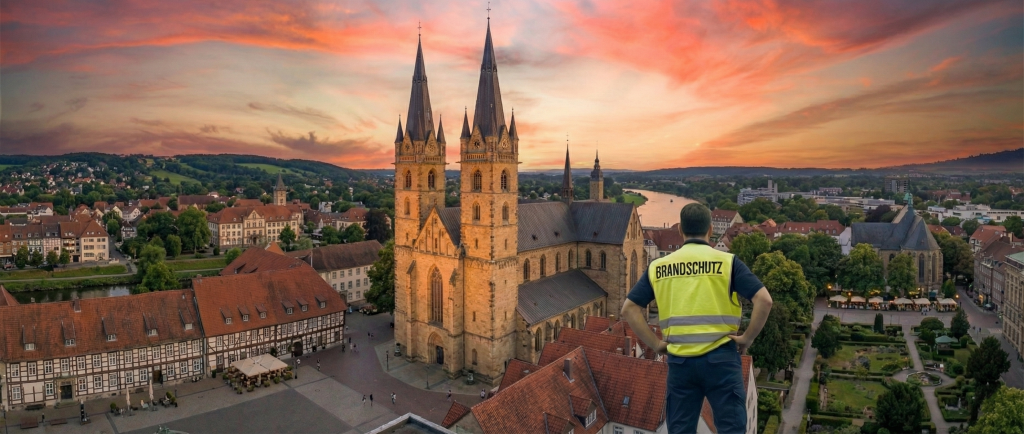 Blick auf den Paderborner Dom und Innenstadt bei Sonnenuntergang aus der Vogelperspektive.